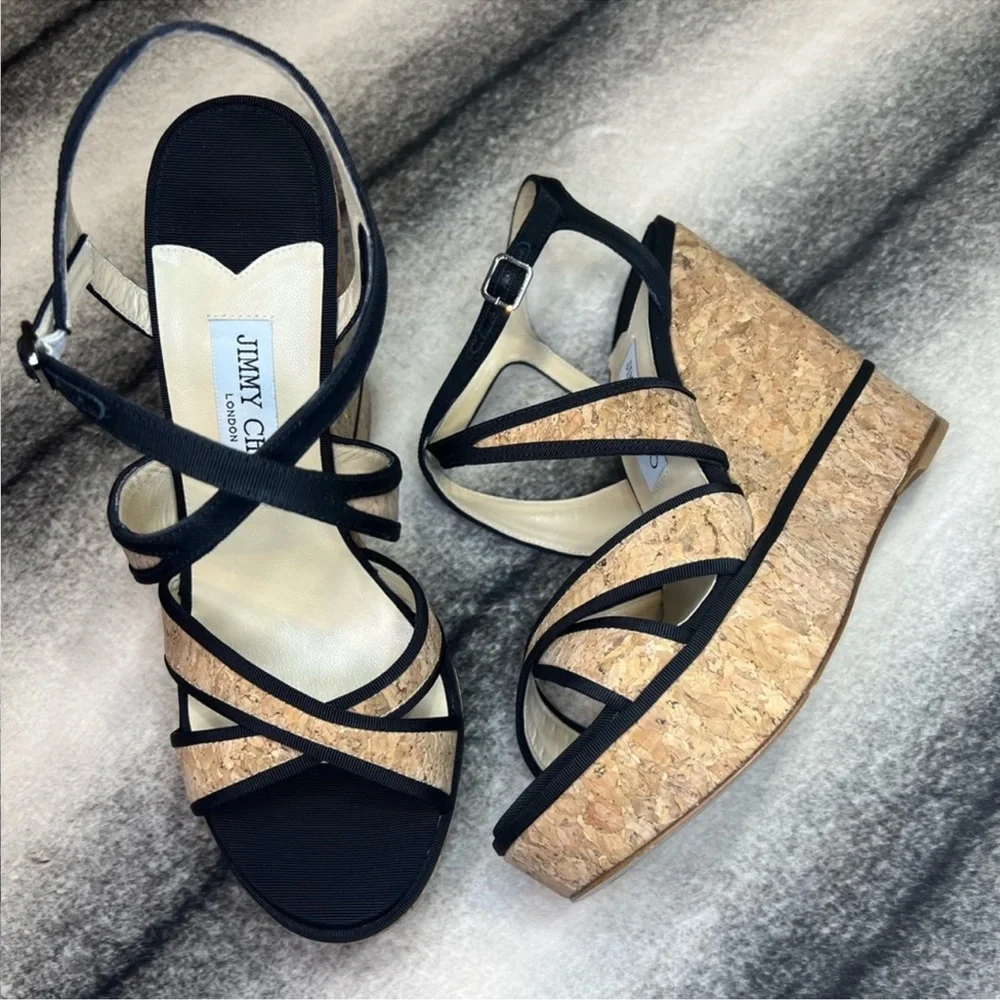 Jimmy Choo Alissa 120 mm Natural Black Cork Grosgrain Wedge Platform Heels